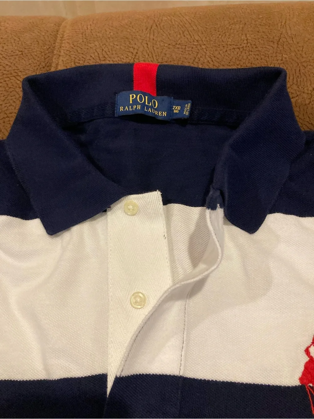 Ralph Lauren Navy & White Striped Polo with Red Pony